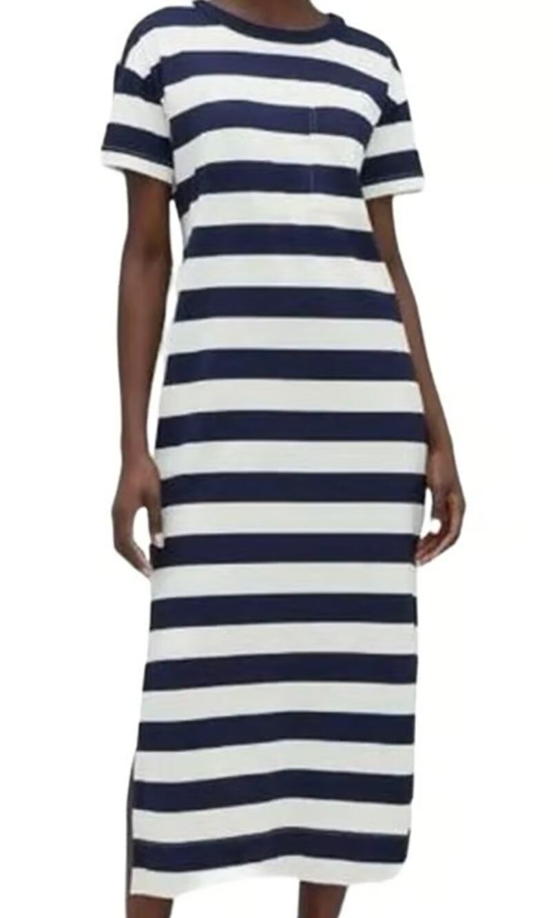 Lou & Grey Short Sleeve Striped Tee Shirt Maxi Dress Blue White Small